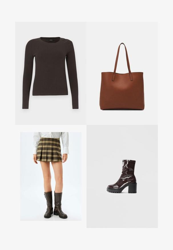 Brun langærmet ribbet top med rund halsudskæring. Fremstillet af et glat, strækbart materiale, med en tætsiddende silhuet og minimalistiske detaljer.; Brunternetterskørt i tern med plisseringer, i brun, beige og grønne nuancer, kombineret med tætsiddende brune knæhøje støvler med spænder og en struktureret overflade.; Glatte burgunder ankelstøvler med en chunky sort hæl, der har en glat tekstur og et simpelt design. Ingen synlige lukninger eller mønstre.; Brun læder tote taske med en glat overflade, åben topdesign og to skulderremme. Har minimal syning og ingen synlig hardware.