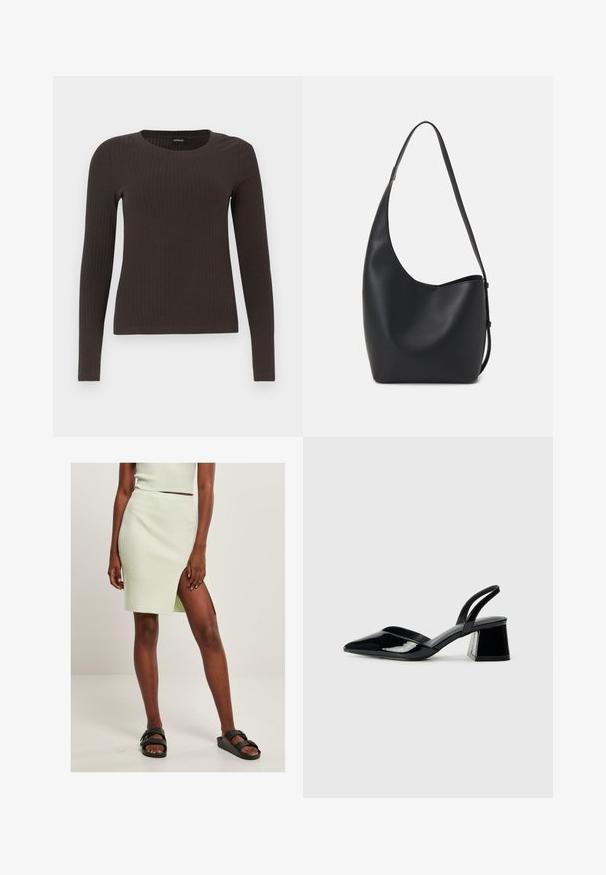 Un haut marron à manches longues en rib avec un col rond. Fabriqué dans un matériau lisse et extensible, il présente une silhouette ajustée et un minimum de détails.; Jupe en tricot côtelé vert clair avec une fente jusqu'à la cuisse, associée à des sandales noires à enfiler. Son design simple et ajusté met en valeur la texture et la couleur.; Escarpins en cuir verni noir avec bout pointu et talon bloc géométrique. Présente un design élégant et minimaliste ainsi qu'une texture lisse.; Sac hobo en cuir noir avec une texture lisse, une forme incurvée et une seule sangle réglable ; dispose d'une large ouverture en haut.