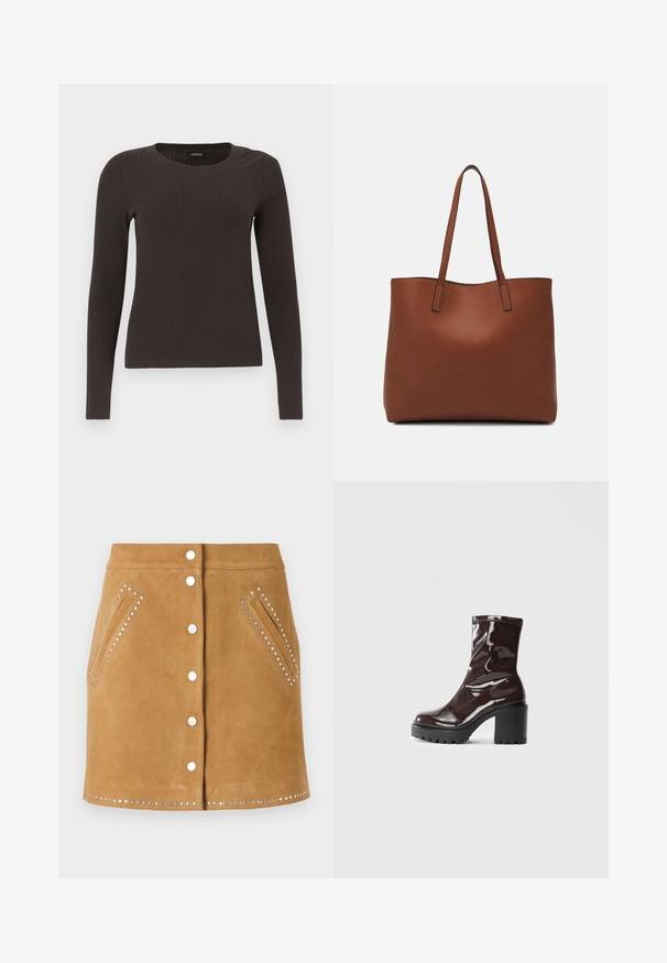 Smeđa, dugokraga, rebrasta majica s dugim rukavima. Izrađena od glatkog, rastezljivog materijala, s prikladnim krojem bez mnogo detalja.; Smeđa suknja od velura s prednjim zatvaranjem na gumbe, dva bočna džepa i srebrnim zakovicama duž džepova i rubova. Glatka tekstura.; Sjajna burgundska čizma do gležnja s debelim crnim potplatom, koja se odlikuje glatkom teksturom i jednostavnim dizajnom. Nema vidljivih kopčanja ili uzoraka.; Smeđa kožna torba preko ramena s glatkom teksturom, otvorenim vrhom i dvjema naramenicama. Ima minimalne šavove i nema vidljivog hardvera.