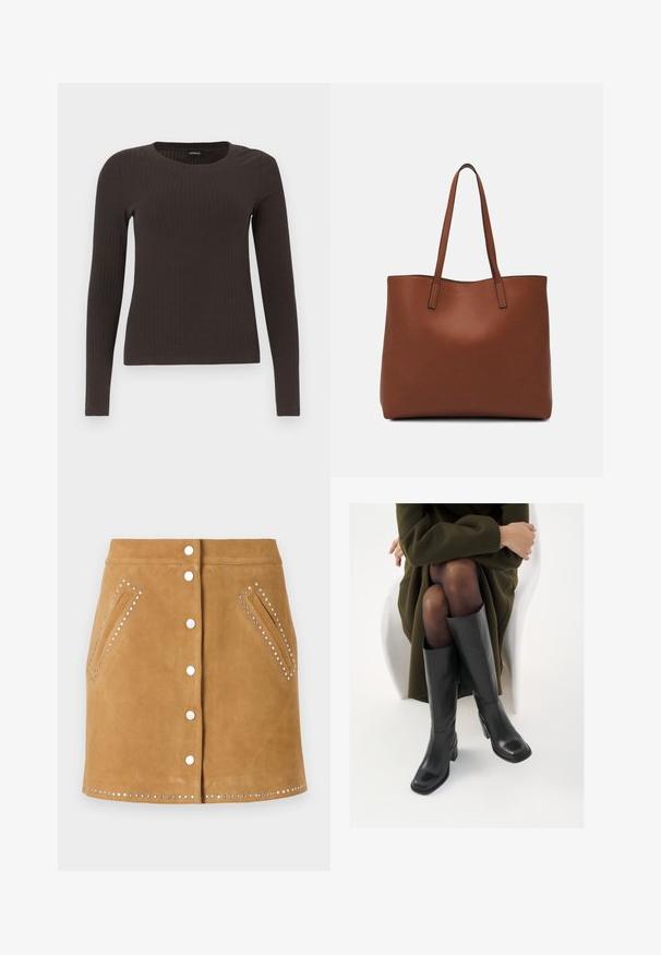 Top marrón de manga larga y con ribete, con cuello redondo. Fabricado con un material suave y elástico, presenta una silueta ajustada y un diseño minimalista.; Falda de ante marrón con cierre de botones en la parte delantera, dos bolsillos laterales y tachuelas plateadas a lo largo de los bolsillos y el dobladillo. Textura suave.; Botas de cuero negro hasta la rodilla con puntera cuadrada y tacón de bloque, presentadas con un modelo sentado en un abrigo verde oliva. Textura suave, mínimo detalle.; Bolso tote de cuero marrón con una textura suave, diseño de apertura superior y dos correas para el hombro. Presenta una costura mínima y sin herrajes visibles.