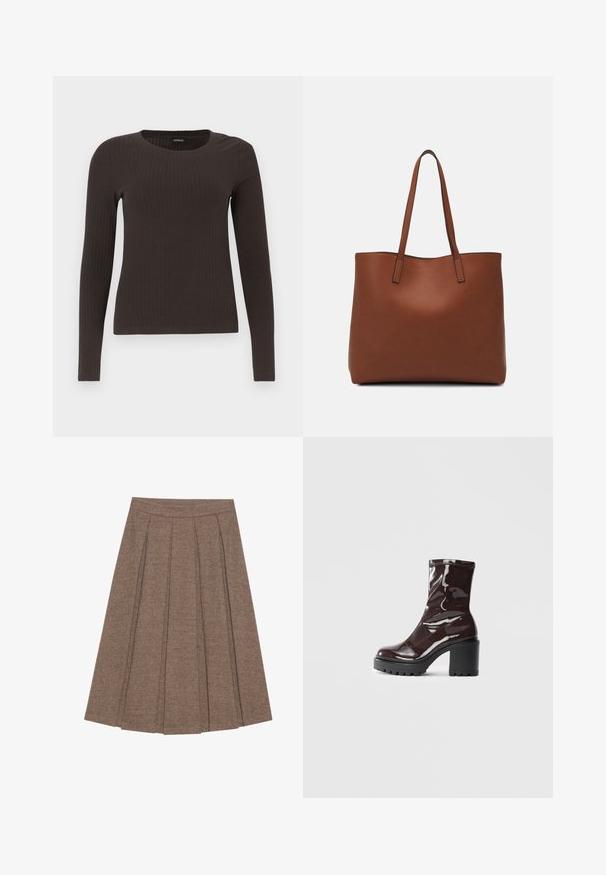 Smeđa, dugokraga, rebrasta majica s dugim rukavima. Izrađena od glatkog, rastezljivog materijala, s prikladnim krojem bez mnogo detalja.; Nabrana suknja od smeđe tkanine u uzorku riblje kosti, sa strukom koji se dobro prilagođava i proširenim siluetom, koja pruža strukturiranu teksturu i dizajn.; Sjajna burgundska čizma do gležnja s debelim crnim potplatom, koja se odlikuje glatkom teksturom i jednostavnim dizajnom. Nema vidljivih kopčanja ili uzoraka.; Smeđa kožna torba preko ramena s glatkom teksturom, otvorenim vrhom i dvjema naramenicama. Ima minimalne šavove i nema vidljivog hardvera.