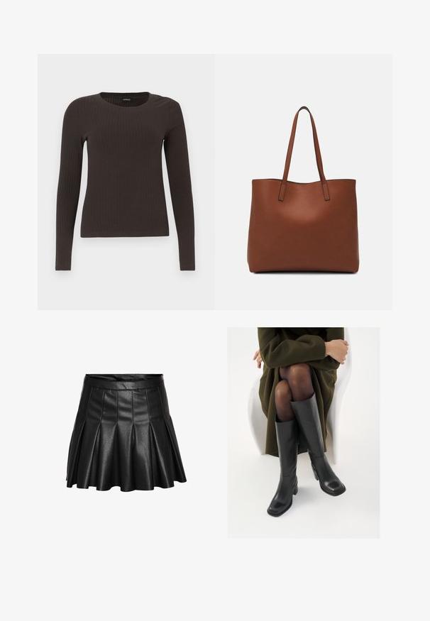 Brun, langermet ribbestrikket topp med rund hals. Laget av et glatt, elastisk materiale, med en tettsittende silhuett og minimalt med detaljer.; Svart plissett nederdel laget av kunstskinn, med tilpasset midje og utsvingt kant. Glatt tekstur med en jevn, blank finish.; Knæhøye sorte lærstøvler med firkantet tå og blokkhelt, vist med en modell som sitter iført en olivengrønn kåpe. Glatt tekstur, minimal detaljering.; Brun lær tote veske med en jevn tekstur, åpen toppdesign og to skulderstropper. Har minimal søm og ingen synlige spiker.