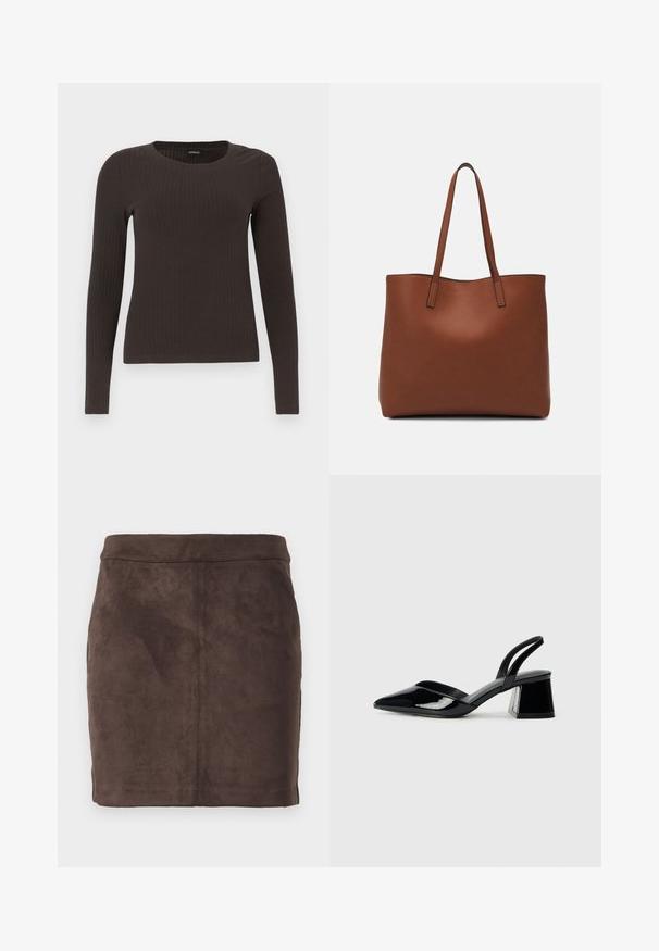 Rudas, su ilgomis rankovėmis, grioveliais dekoruotas viršus su apvaliu iškirpimu. Pagamintas iš lygaus, elastingo audinio, su prigludusia siluetu ir minimaliais akcentais.; Rudas zomšo mini sijonas su lygiu paviršiumi, siaurėjantis dizainas ir plokščia liemenėlė, turi vertikalias siūles struktūrai užtikrinti.; Juodos lakuotos odinės šlepetės su smailiu pirštu ir geometriniu bloko kulnu. Turi elegantišką, minimalistinį dizainą ir lygų paviršių.; Ruda odinė priekabų krepšys su glotnia tekstūra, atviru viršumi ir dviem petnešomis. Su minimalia siuvimo detalėmis ir nematoma aparatūra.