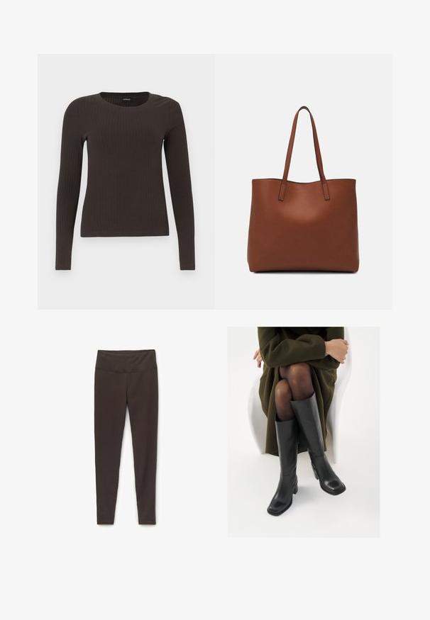 Hnědý, dlouhý rukáv, žebrovaný top s kulatým výstřihem. Vyrobeno z hladkého, elastického materiálu, s přiléhavým střihem a minimálním zdobením.; Hnědé, přiléhavé legíny vyrobené z elastického materiálu s širokým pasem. Hladká textura, bez vzorů nebo viditelných kovových detailů.; Černé kožené boty po kolena s hranatou špičkou a blokovým podpatkem, předvedené na modelce sedící v olivově zeleném kabátu. Hladký povrch, minimalizované detaily.; Hnědá kožená taška přes rameno s hladkou texturou, otevřeným designem a dvěma ramenními popruhy. Obsahuje minimální švy a žádné viditelné kovové prvky.