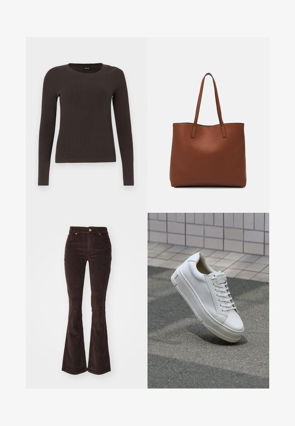 Pruun, pikkade varrukatega ribaga särk, millel on ümar kaelus. Valmistatud siledast, venivast materjalist, omades formatiivset siluetti ja minimaalset dekoratiivsust.; Vero Moda VMFLASH FLARED PANTS - Püksid - chocolate torte; Valge nahast toss, millel on madala sääre disain, lamedad paelad, ümar varvas ja tekstureeritud küljed. Paks kummist tald, millel on peened aktsendid.; Pruun nahast tote-kott, millel on sile tekstuur, avatud ülaosa disain ja kaks õlarihma. Omab minimaalset õmblust ja nähtavat riistvara ei ole.