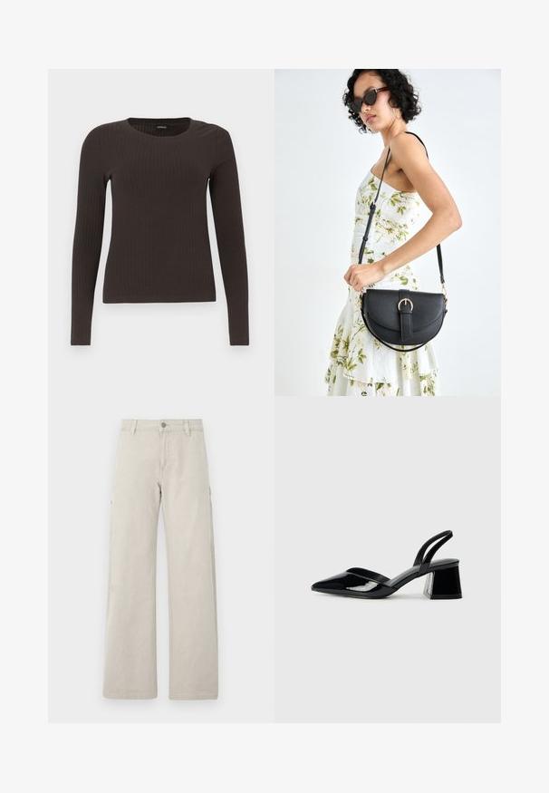 Bruine, lang%C3%A8ve ribgebreide top met een ronde hals. Gemaakt van een soepel, rekbaar materiaal, met een getailleerde pasvorm en minimale details.; Beige cargobroek met een recht, wijd benedes ontwerp, voorzien van zijzakken en een knoopsluiting, gemaakt van stevig katoen.; Zwarte gepatineerde leren slingback hakken met een spitse neus en een geometrische blokhak. Kenmerkt zich door een slank, minimalistisch ontwerp en een gladde textuur.; Zwarte leren handtas met een gebogen vorm, afneembare schouderband en gouden hardware. De tas heeft een klep met een gespsluiting.