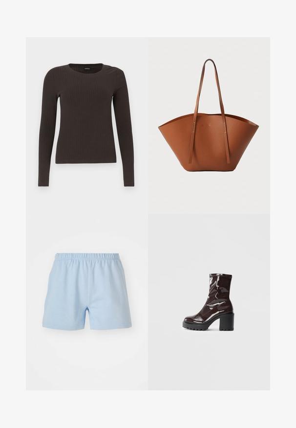Hnedý, dlhý rukáv, rebrovaný top s okrúhlym výstrihom. Vyrobený z hladkého, elastického materiálu, s priliehavým strihom a minimálnym zdobením.; Svetlo modré bavlnené šortky s elastickým pásom. Majú jednoduchú, hladkú textúru a končia na dĺžke do polovice stehna. Bez vreciek.; Lesklé burgundské kotníkové boty s robustním černým podpatkem, s hladkou strukturou a jednoduchým designem. Bez viditelných zapínání nebo vzorů.; Hnedá kožená taška na rameno s širokým, štruktúrovaným tvarom, tenkými popruhmi a textúrovaným povrchom. Displej minimalistického dizajnu bez viditeľného hardvéru.