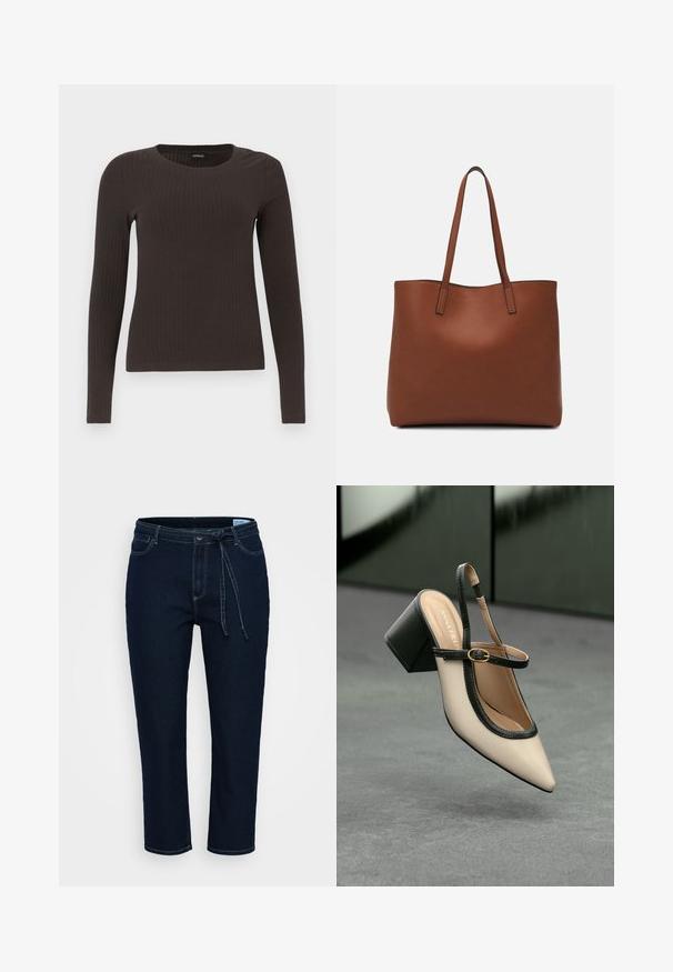 Barna, hosszú ujjú bordázott felső, kerek nyakkivágással. Simább, rugalmas anyagból készült, illeszkedő fazonú és minimális részletezéssel.; Sötétkék farmernadrág laza fazonnal. Tűzött részletekkel, húzózsinóros derékkal és öt zsebből áll. Simább textúra és bokáig érő kivágás.; Beige, hegyes orrú, pántos cipő fekete díszítéssel, arany csattal és vastag blokk sarokkal, szürke padlón, sötétzöld háttér előtt.; Barna bőr vászontáska sima textúrával, nyitott tetejű dizájnnal és két vállpánttal. Minimális varrással és látható hardver nélkül készült.
