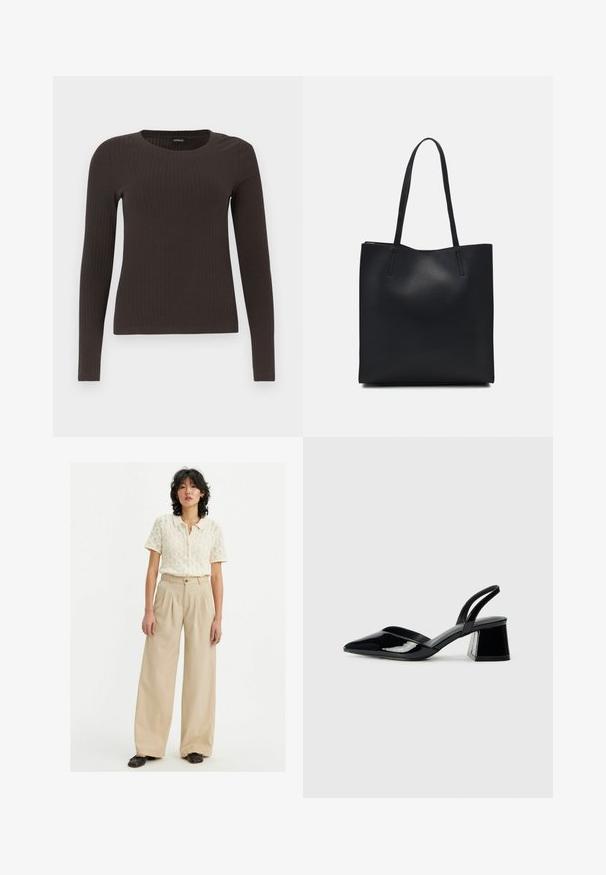 Braunes, langärmliges, geripptes Oberteil mit Rundhalsausschnitt. Hergestellt aus einem glatten, dehnbaren Material, mit einer taillierten Silhouette und minimalen Details.; Beige weit geschnittene Hose mit hoher Taille und Falten, kombiniert mit einer cremefarbenen, strukturierten Strickjacke mit kurzen Ärmeln. Schwarze Schuhe.; Schwarze Lackleder-Slingback-High Heels mit spitzem Schuh und einem geometrischen Blockabsatz. Verfügt über ein schlankes, minimalistisches Design und eine glatte Textur.; Schwarze Laptoptasche aus Leder mit glatter Textur, rechteckiger Form und zwei langen Griffen. Keine sichtbaren Beschläge oder Verzierungen.