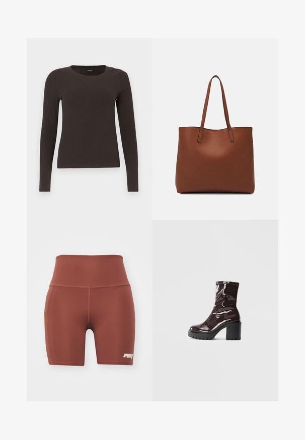 Rjav, dolgosleeve rebrasti zgornji del s krožnim izrezom. Narejen iz gladkega, raztegljivega materiala, z oprijetim silhuetom in minimalnimi detajli.; Rjave športne kratke hlače s prilegajočim krojem in visokim pasom, izdelane iz gladkega materiala. Imajo stransko žep in majhen logotip v spodnjem desnem kotu.; Sijajan škrlatank z bleščečim videzom, z masivnim črnim peto, ki se ponaša z gladko teksturo in preprostim dizajnom. Brez vidnih zapenjal ali vzorcev.; Rjava usnjena torba z gladko teksturo, odprto zasnovo zgoraj in dvema naramnima trakovoma. Opremljena je z minimalnim šivanjem in brez vidnih kovinskih delov.