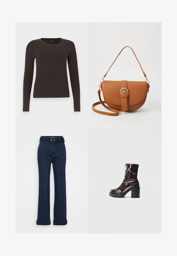 Top castanho de manga longa em malha com decote redondo. Feito de um material suave e elástico, apresentando um silhueta ajustada e detalhes mínimos.; Calças de ganga azul-escuro com um design de perna larga, apresentando um cinto com uma grande fivela metálica e costuras visíveis.; Bota de tornozelo burgundy brilhante com um salto preto robusto, apresentando uma textura suave e um design simples. Sem fechos ou padrões visíveis.; Bolsa transversal de couro castanho com um formato curvado, ferragens douradas e um detalhe de fivela. Inclui uma alça de ombro destacável.