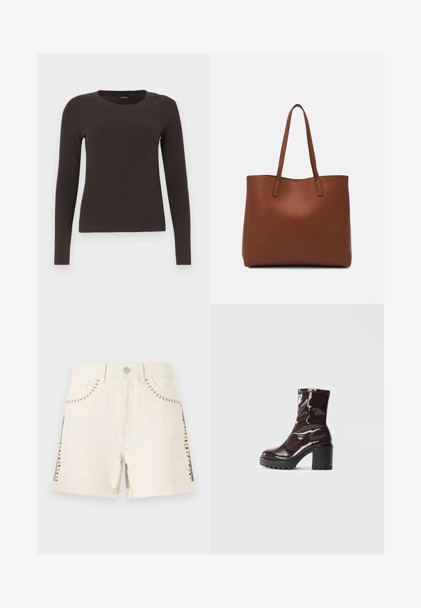 Braunes, langärmliges, geripptes Oberteil mit Rundhalsausschnitt. Hergestellt aus einem glatten, dehnbaren Material, mit einer taillierten Silhouette und minimalen Details.; Beige Baumwollshorts mit gestickten Akzenten in Grün, Gelb und Braun an den Seiten. Mit umgeschlagenen Saum und Fronttaschen.; Glatte bordeauxrote Ankle Boots mit einem klobigen schwarzen Absatz, die eine glatte Oberfläche und ein einfaches Design aufweisen. Keine sichtbaren Verschlüsse oder Muster.; Braune Leder-Tote mit glatter Textur, offenem Oberteil und zwei Schulterriemen. Verfügt über minimale Nähte und keine sichtbaren Beschläge.