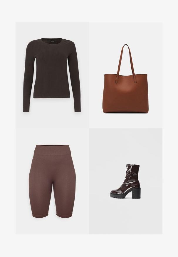Barna, hosszú ujjú bordázott felső, kerek nyakkivágással. Simább, rugalmas anyagból készült, illeszkedő fazonú és minimális részletezéssel.; Barna csíkos kerékpáros short, magas derékkal, rugalmas anyagból készült, sima textúrával és testhezálló formával.; Fényes bordó bokacsizma vastag fekete sarokkal, sima felülettel és egyszerű dizájnnal. Nincsenek látható zárak vagy minták.; Barna bőr vászontáska sima textúrával, nyitott tetejű dizájnnal és két vállpánttal. Minimális varrással és látható hardver nélkül készült.