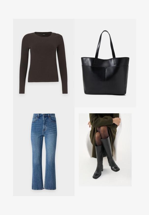 Bruine, lang%C3%A8ve ribgebreide top met een ronde hals. Gemaakt van een soepel, rekbaar materiaal, met een getailleerde pasvorm en minimale details.; Lichtblauwe spijkerbroeken met uitlopende pijpen en een hoge taille, vijf zakken en subtiele vervaging. Ze hebben gouden stiksels en een knoopsluiting.; Knieschijf hoge zwarte leren laarzen met een vierkante neus en blokhak, getoond met een model dat zit in een olijfgroene jas. Gladde textuur, minimale details.; Zwarte leren tote bag met twee lange handvatten, een zachte textuur en een gestructureerde vorm. Voorzien van een voorvak voor extra opslagruimte.