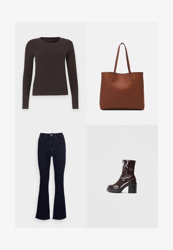 Top castanho de manga longa em malha com decote redondo. Feito de um material suave e elástico, apresentando um silhueta ajustada e detalhes mínimos.; Marks & Spencer Calças de ganga à boca de sino - indigo mix; Bota de tornozelo burgundy brilhante com um salto preto robusto, apresentando uma textura suave e um design simples. Sem fechos ou padrões visíveis.; Bolsa tote de couro castanho com uma textura suave, design de abertura superior e duas alças para o ombro. Apresenta costura mínima e sem hardware visível.