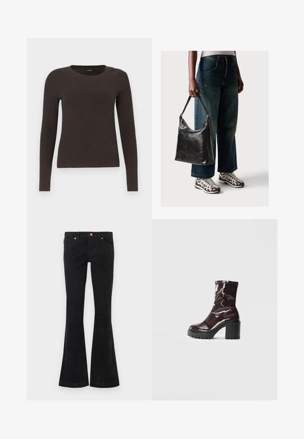 Brown, long-sleeve ribbed top with a crew neckline. Made from a smooth, stretchy material, featuring a fitted silhouette and minimal detailing.; Black corduroy flared jeans with a textured surface. Features five pockets and metal hardware accents at the waist and pockets.; Glossy burgundy ankle boot with a chunky black heel, featuring a smooth texture and simple design. No visible fastenings or patterns.; Black leather shoulder bag with a smooth texture and adjustable strap, paired with faded wide-leg jeans and athletic sneakers.