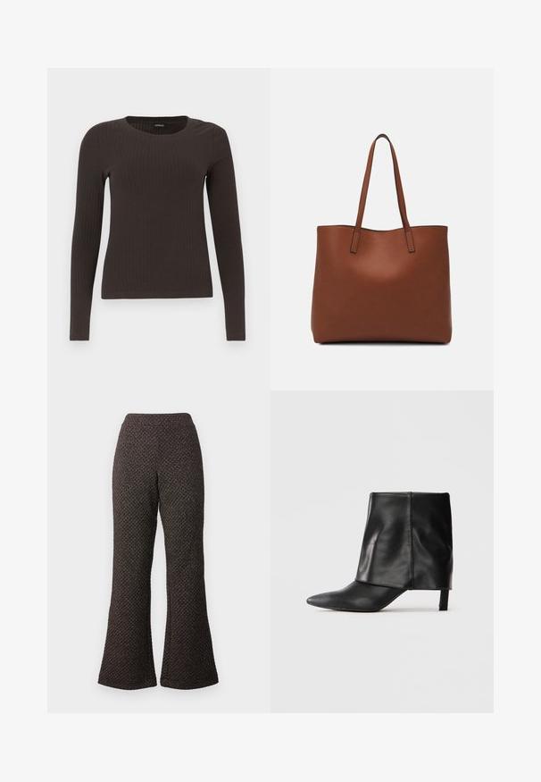 Hnědý, dlouhý rukáv, žebrovaný top s kulatým výstřihem. Vyrobeno z hladkého, elastického materiálu, s přiléhavým střihem a minimálním zdobením.; Zúžené černé kalhoty vyrobené z texturované tkaniny s vzorovanou strukturou, s vysokým pasem a širokými nohavicemi.; Černá kožená kotníková bota do poloviny lýtka s špičatou špičkou, sklopenou horní částí a štíhlým nízkým podpatkem, stojící na bílém pozadí.; Hnědá kožená taška přes rameno s hladkou texturou, otevřeným designem a dvěma ramenními popruhy. Obsahuje minimální švy a žádné viditelné kovové prvky.