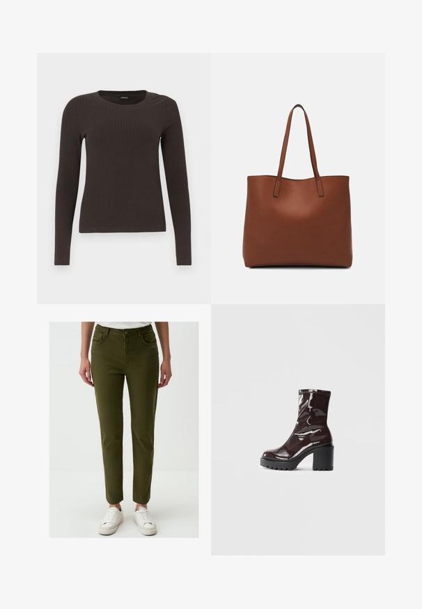 Bruine, lang%C3%A8ve ribgebreide top met een ronde hals. Gemaakt van een soepel, rekbaar materiaal, met een getailleerde pasvorm en minimale details.; Olivengroene, slim-fit broek van zachte stof met vijf zakken, een knoopsluiting en een gladde textuur, gecombineerd met witte sneakers.; Glanzende bordeauxrode enkelboot met een chunky zwarte hak, met een gladde textuur en een eenvoudig ontwerp. Geen zichtbare sluitingen of patronen.; Bruine leren tote bag met een gladde textuur, een ontwerp met een open bovenkant en twee schouderbanden. Kenmerkt zich door minimale stiksels en geen zichtbare hardware.
