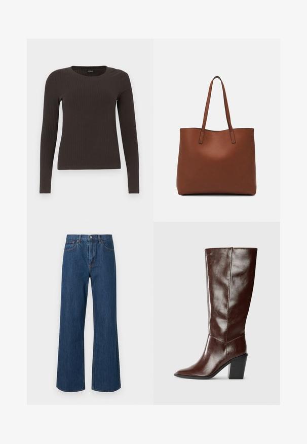 Top castanho de manga longa em malha com decote redondo. Feito de um material suave e elástico, apresentando um silhueta ajustada e detalhes mínimos.; Jeans de cintura alta em azul médio com pernas largas, apresentando bolsos frontais e detalhes de costura subtis. Textura suave com bainhas arredondadas.; Bota alta de couro marrom escuro com bico pontudo e salto bloco empilhado, vista de lado sobre um fundo liso.; Bolsa tote de couro castanho com uma textura suave, design de abertura superior e duas alças para o ombro. Apresenta costura mínima e sem hardware visível.