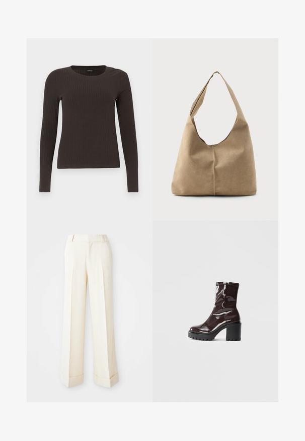 Rudas, su ilgomis rankovėmis, grioveliais dekoruotas viršus su apvaliu iškirpimu. Pagamintas iš lygaus, elastingo audinio, su prigludusia siluetu ir minimaliais akcentais.; Smėlio spalvos plačios kojų kelnės su lygaus paviršiaus struktūra, priekiniais raukiniais ir sulankstytais rankogaliais. Įrengtos diržo kilpos ir užtrauktuko uždarymas.; Blizgus burgundių spalvos kulknapis su tankiu juodu kulnu, pasižymintis lygiu paviršiumi ir paprastu dizainu. Nėra matomų užsegimų ar raštų.; Minkšto smėlio spalvos zomšo hobo krepšys su laisva forma, plačia petneša ir rankomis siūtu siūlėmis priekyje.