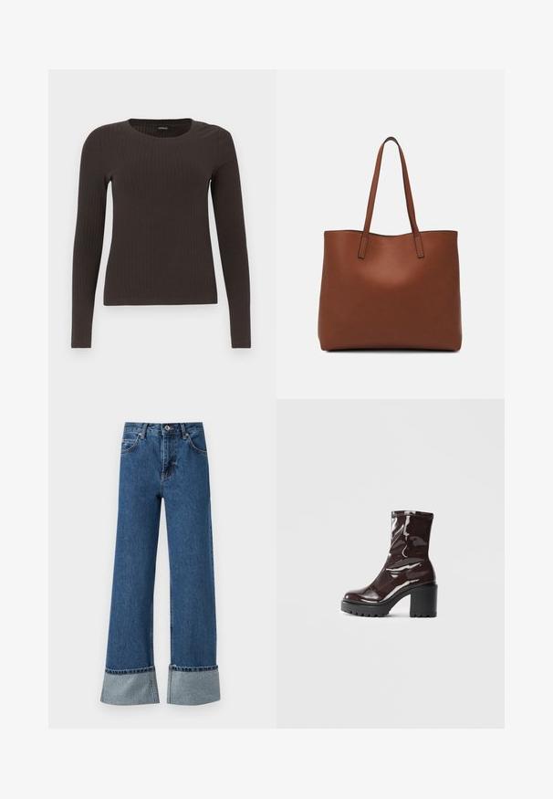 Rjav, dolgosleeve rebrasti zgornji del s krožnim izrezom. Narejen iz gladkega, raztegljivega materiala, z oprijetim silhuetom in minimalnimi detajli.; Široke modre denimske hlače z raztrganim robom in srebrnimi okrasnimi detajli na manšetah. Imajo gumba za zapiranje in pet žepov.; Sijajan škrlatank z bleščečim videzom, z masivnim črnim peto, ki se ponaša z gladko teksturo in preprostim dizajnom. Brez vidnih zapenjal ali vzorcev.; Rjava usnjena torba z gladko teksturo, odprto zasnovo zgoraj in dvema naramnima trakovoma. Opremljena je z minimalnim šivanjem in brez vidnih kovinskih delov.