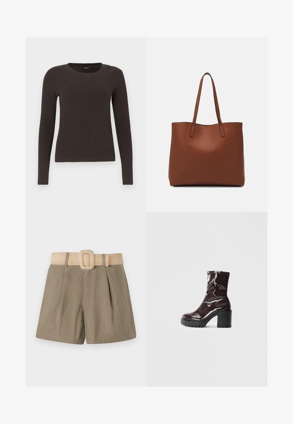 Top castanho de manga longa em malha com decote redondo. Feito de um material suave e elástico, apresentando um silhueta ajustada e detalhes mínimos.; Calções caquis com pregas, apresentando um cinto largo de palha bege e uma fivela retangular adornada com pequenos detalhes brancos.; Bota de tornozelo burgundy brilhante com um salto preto robusto, apresentando uma textura suave e um design simples. Sem fechos ou padrões visíveis.; Bolsa tote de couro castanho com uma textura suave, design de abertura superior e duas alças para o ombro. Apresenta costura mínima e sem hardware visível.