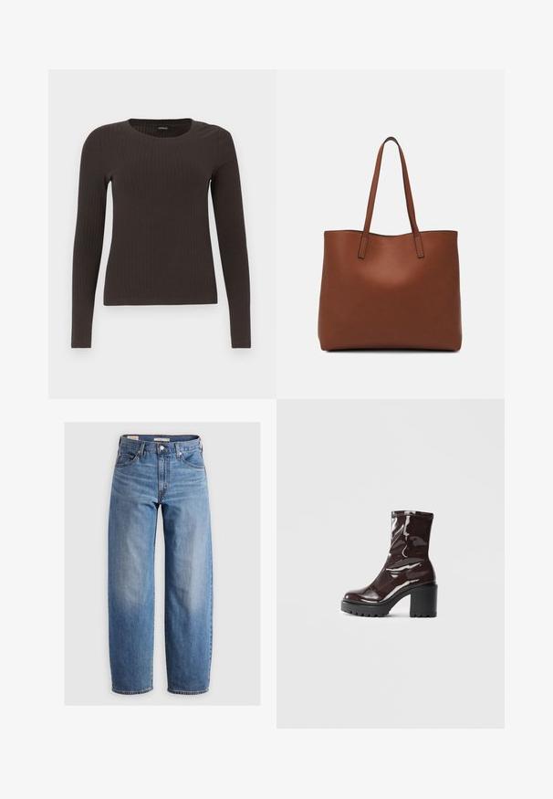 Rudas, su ilgomis rankovėmis, grioveliais dekoruotas viršus su apvaliu iškirpimu. Pagamintas iš lygaus, elastingo audinio, su prigludusia siluetu ir minimaliais akcentais.; Šviesiai mėlynos tiesios kojos džinsai, pagaminti iš džinsinio audinio. Yra klasikinis penkių kišenių dizainas ir subtilus išblukimas palei kojas.; Blizgus burgundių spalvos kulknapis su tankiu juodu kulnu, pasižymintis lygiu paviršiumi ir paprastu dizainu. Nėra matomų užsegimų ar raštų.; Ruda odinė priekabų krepšys su glotnia tekstūra, atviru viršumi ir dviem petnešomis. Su minimalia siuvimo detalėmis ir nematoma aparatūra.