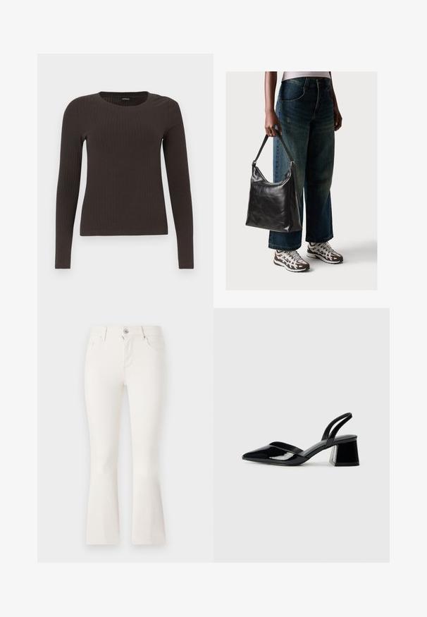 Top castanho de manga longa em malha com decote redondo. Feito de um material suave e elástico, apresentando um silhueta ajustada e detalhes mínimos.; Jeans brancos de corte amplo feitos de denim com uma cintura justinha, cinco bolsos e fecho de zip frontal. Texture suave e design limpo.; Sandy em verniz preto com salto slingback, ponta afilada e salto geométrico. Apresenta um design elegante e minimalista com textura suave.; Bolsa de ombro em couro preto com textura suave e alça ajustável, combinada com jeans de perna larga desbotados e ténis desportivos.