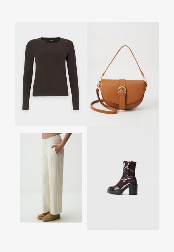 Brązowa, dzianinowa bluzka z długim rękawem i okrągłym dekoltem. Wykonana z gładkiego, elastycznego materiału, z dopasowanym krojem i minimalnymi detalami.; Kremowe spodnie typu wide-leg z pionowym prążkowanym wzorem, z bocznymi kieszeniami i elastycznym pasem. Połączone z brązowymi trampkami.; Błyszczące bordowe botki za kostkę z masywną czarną obcasem, charakteryzujące się gładką teksturą i prostym wzornictwem. Brak widocznych zapięć lub wzorów.; Brązowa skórzana torba na ramię o zaokrąglonym kształcie, ze złotymi akcentami i zapięciem w formie klamry. Posiada odpinany pasek na ramię.