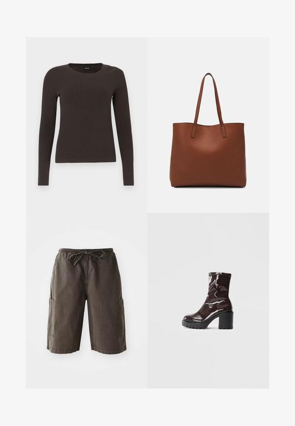 Brun långärmad ribbad topp med rundad halsringning. Tillverkad av ett mjukt, elastiskt material, med en figurnära silhuett och minimala detaljer.; Cargo shorts i mörkgrått tyg, med elastisk midja och dragsko, sidofickor och avslappnad passform. Hållbart material.; Glansig bordeauxfärgad ankelsko med en kraftig svart klack, som har en slät yta och enkel design. Inga synliga stängningar eller mönster.; Brun läder tote-väska med en slät textur, öppen toppdesign och två axelremmar. Har minimal söm och ingen synlig metalldetalj.