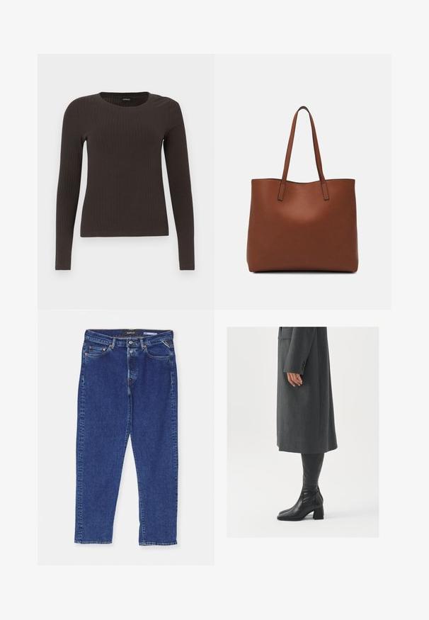Top marrón de manga larga y con ribete, con cuello redondo. Fabricado con un material suave y elástico, presenta una silueta ajustada y un diseño minimalista.; Jeans de denim azul oscuro con corte recto, que presentan un cierre de botones, cinco bolsillos y detalles de costura sutiles a lo largo de las costuras.; Abrigo gris, entallado y de corte recto; combinado con botas de cuero negras hasta la rodilla que tienen punta cuadrada y tacón grueso.; Bolso tote de cuero marrón con una textura suave, diseño de apertura superior y dos correas para el hombro. Presenta una costura mínima y sin herrajes visibles.