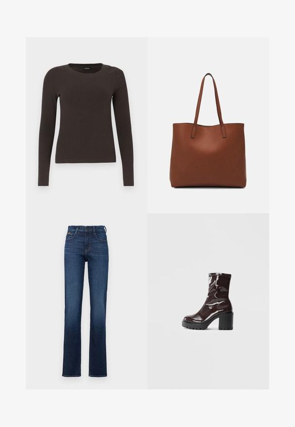 Rudas, su ilgomis rankovėmis, grioveliais dekoruotas viršus su apvaliu iškirpimu. Pagamintas iš lygaus, elastingo audinio, su prigludusia siluetu ir minimaliais akcentais.; Tamsiai mėlyni džinsai su figūrą aptempiančiu liemeniu, tiesių kojų dizainu, penkių kišenių stiliumi ir subtiliais siuvinėjimo akcentais. Klasikinis mygtukų užsegimas.; Blizgus burgundių spalvos kulknapis su tankiu juodu kulnu, pasižymintis lygiu paviršiumi ir paprastu dizainu. Nėra matomų užsegimų ar raštų.; Ruda odinė priekabų krepšys su glotnia tekstūra, atviru viršumi ir dviem petnešomis. Su minimalia siuvimo detalėmis ir nematoma aparatūra.