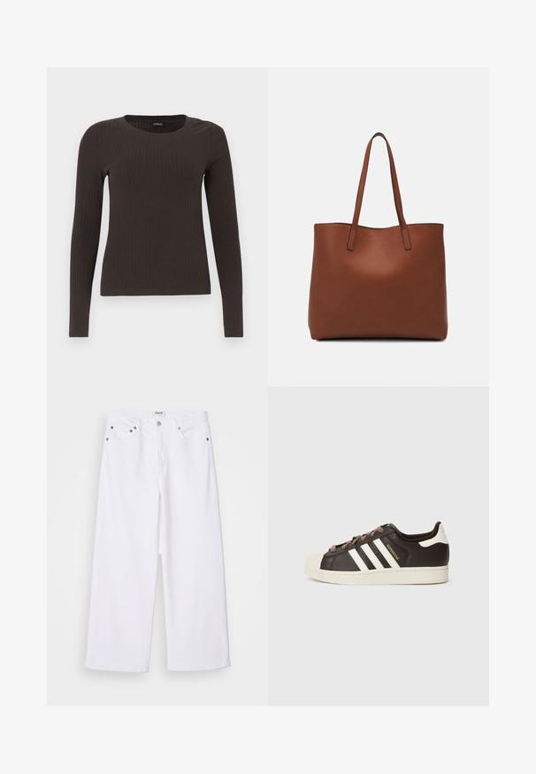Barna, hosszú ujjú bordázott felső, kerek nyakkivágással. Simább, rugalmas anyagból készült, illeszkedő fazonú és minimális részletezéssel.; Fehér, bő szabású farmernadrág, öt zsebes dizájnnal, fém kiegészítőkkel és magas derékkal, tiszta véggel az alsó szegélyen.; Sötétbarna bőr alacsony szárú Adidas Superstar sportcipő krémszínű kagyló orral, fehér csíkokkal és "Superstar" felirattal az oldalon.; Barna bőr vászontáska sima textúrával, nyitott tetejű dizájnnal és két vállpánttal. Minimális varrással és látható hardver nélkül készült.
