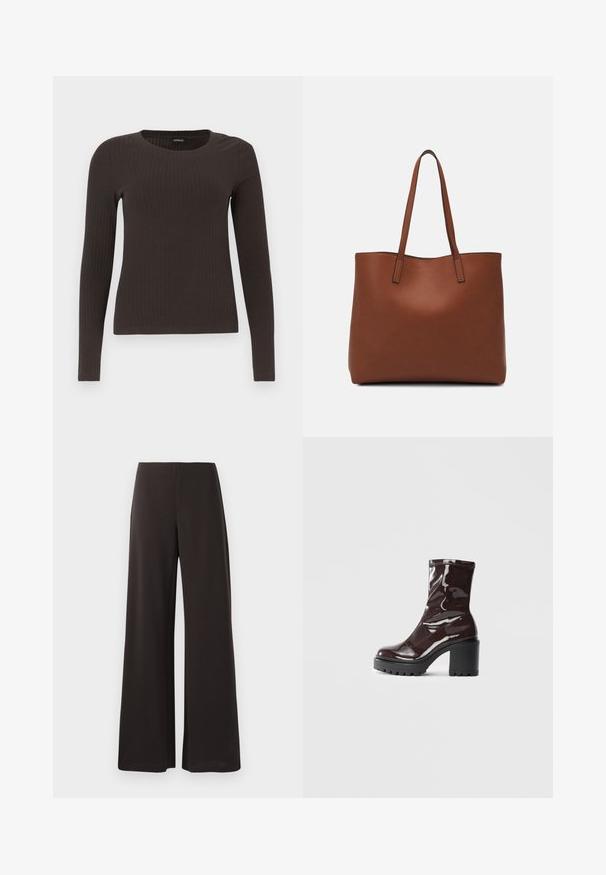 Smeđa, dugokraga, rebrasta majica s dugim rukavima. Izrađena od glatkog, rastezljivog materijala, s prikladnim krojem bez mnogo detalja.; Crne široke hlače od glatkog, rastezljivog materijala. Imaju visoki pojas i čist, minimalistički dizajn bez vidljivih zatvarača.; Sjajna burgundska čizma do gležnja s debelim crnim potplatom, koja se odlikuje glatkom teksturom i jednostavnim dizajnom. Nema vidljivih kopčanja ili uzoraka.; Smeđa kožna torba preko ramena s glatkom teksturom, otvorenim vrhom i dvjema naramenicama. Ima minimalne šavove i nema vidljivog hardvera.