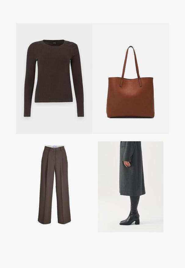 Brown, long-sleeve ribbed top with a crew neckline. Made from a smooth, stretchy material, featuring a fitted silhouette and minimal detailing.; Wide-legged trousers in brown fabric, featuring a high waist, front pleats, and a smooth texture. Includes belt loops for added detail.; Gray, tailored overcoat with a straight cut; paired with knee-high black leather boots featuring a square toe and chunky heel.; Brown leather tote bag with a smooth texture, open top design, and two shoulder straps. Features minimal stitching and no visible hardware.