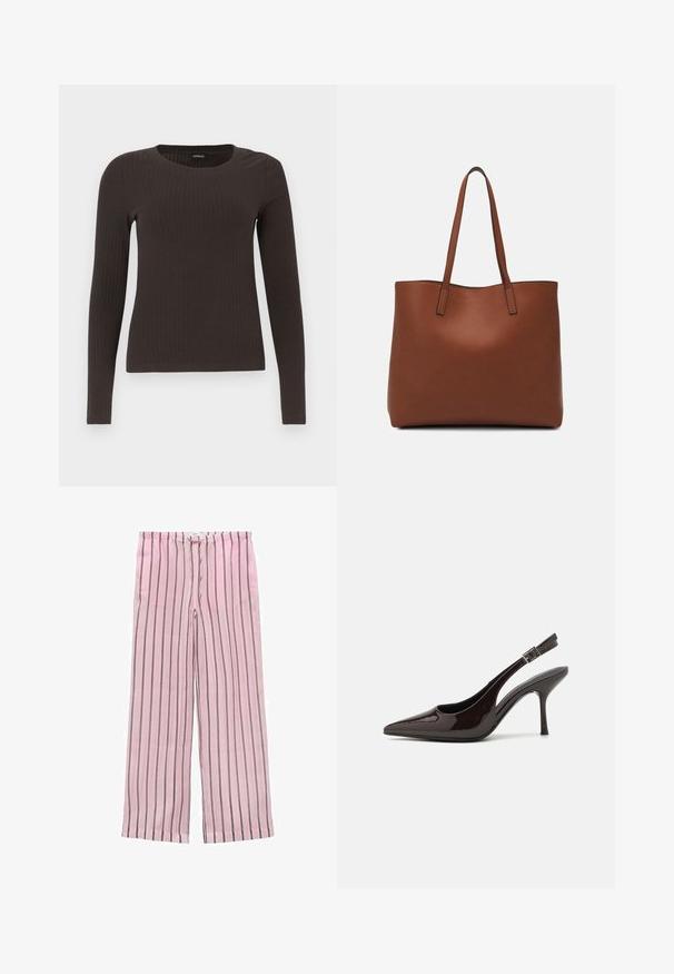 Smeđa, dugokraga, rebrasta majica s dugim rukavima. Izrađena od glatkog, rastezljivog materijala, s prikladnim krojem bez mnogo detalja.; Roza prugaste hlače širokog kroja s crnim i sivim okomitim prugama. Izrađene od lagane tkanine, s elastičnom gumom u struku za udobnost.; Sandalice na visokom potpetici od sjajnog tamnosmeđeg lakiranog kože, s oštrim vrhom, otvorenim stranama i podesivom naramenicom.; Smeđa kožna torba preko ramena s glatkom teksturom, otvorenim vrhom i dvjema naramenicama. Ima minimalne šavove i nema vidljivog hardvera.