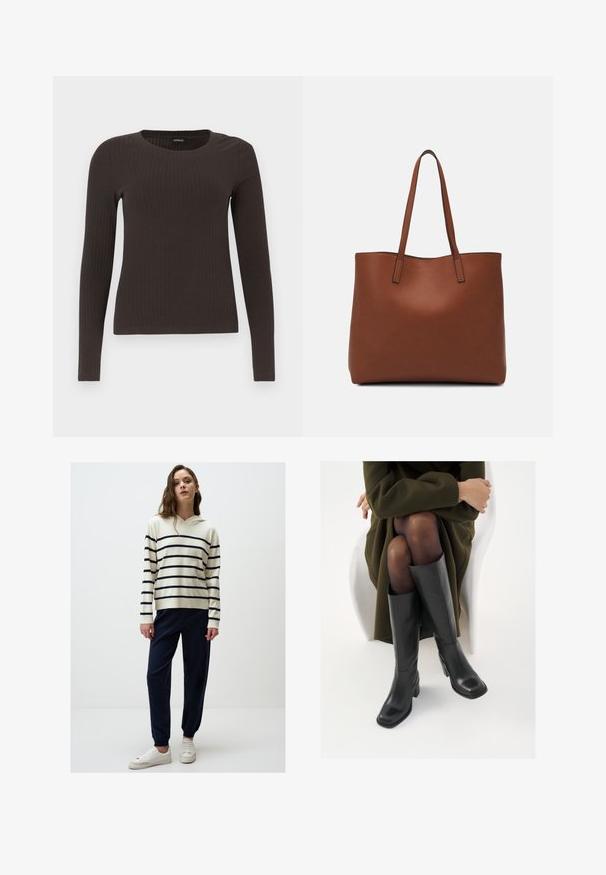 Bruine, lang%C3%A8ve ribgebreide top met een ronde hals. Gemaakt van een soepel, rekbaar materiaal, met een getailleerde pasvorm en minimale details.; Crème hoodie met marineblauwe strepen, gecombineerd met marineblauwe tapered broek en witte sneakers. Glad textuur, relaxte pasvorm en elastische manchetten.; Knieschijf hoge zwarte leren laarzen met een vierkante neus en blokhak, getoond met een model dat zit in een olijfgroene jas. Gladde textuur, minimale details.; Bruine leren tote bag met een gladde textuur, een ontwerp met een open bovenkant en twee schouderbanden. Kenmerkt zich door minimale stiksels en geen zichtbare hardware.