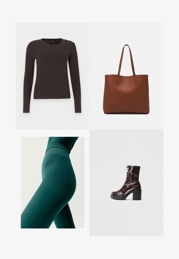 Barna, hosszú ujjú bordázott felső, kerek nyakkivágással. Simább, rugalmas anyagból készült, illeszkedő fazonú és minimális részletezéssel.; Magas derekú zöld leggings, bordázott textúrával és hullám mintával; testhez simuló fazon, kiemelő varrás részletekkel.; Fényes bordó bokacsizma vastag fekete sarokkal, sima felülettel és egyszerű dizájnnal. Nincsenek látható zárak vagy minták.; Barna bőr vászontáska sima textúrával, nyitott tetejű dizájnnal és két vállpánttal. Minimális varrással és látható hardver nélkül készült.