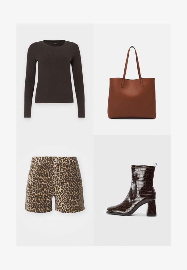 Barna, hosszú ujjú bordázott felső, kerek nyakkivágással. Simább, rugalmas anyagból készült, illeszkedő fazonú és minimális részletezéssel.; Leopárdmintás rövidnadrág bézs és barna árnyalatokban, zsebekkel, gombos záródással és testhezálló fazonnal. Könnyű anyagból készült.; Sötétbarna lakkozott bőrcípő krokodilbőr textúrával, tömbsarkú és hátsó húzófüllel, fehér háttér előtt.; Barna bőr vászontáska sima textúrával, nyitott tetejű dizájnnal és két vállpánttal. Minimális varrással és látható hardver nélkül készült.