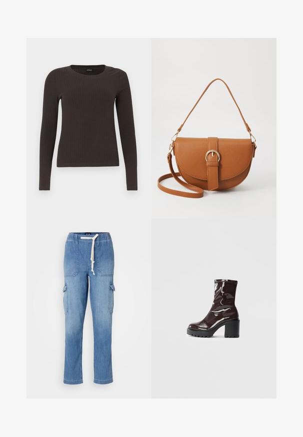 Pruun, pikkade varrukatega ribaga särk, millel on ümar kaelus. Valmistatud siledast, venivast materjalist, omades formatiivset siluetti ja minimaalset dekoratiivsust.; Heledad sinine denimist cargo püksid elastse kummiga, reguleeritava paelaga, küljetaskute ja reie peal olevate tikanditaskutega.; Klakav läikiv burgundi värvi pahkluu saabas, millel on paks must konts, sile tekstuur ja lihtne disain. Nähtavad kinnitused või mustrid puuduvad.; Pruun nahast õlakott, millel on kumer kuju, kullavärvi riistvara ja pandlaga kaunistus. Omab eemaldatavat õlarihma.