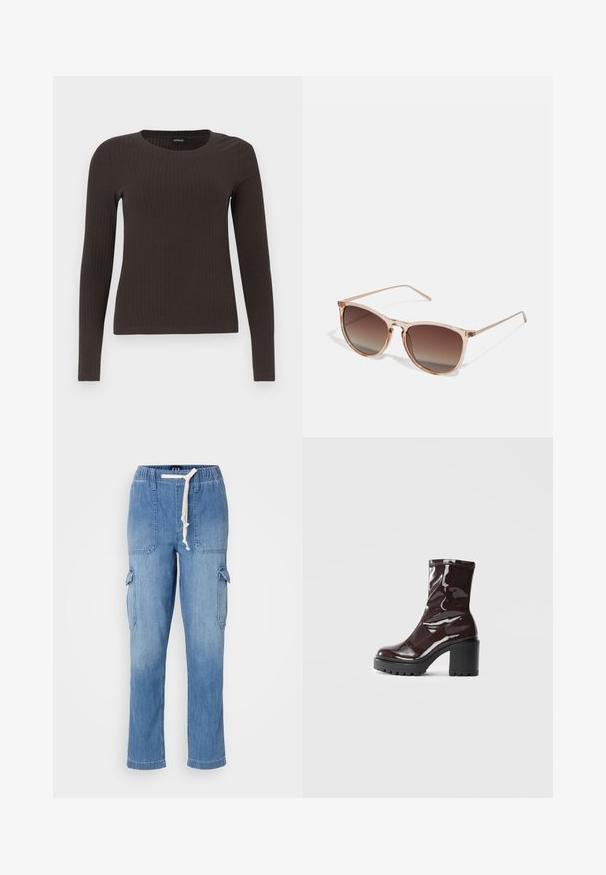 Brūns, garām piedurknēm ribots tops ar apaļu kakla izgriezumu. Izgatavots no gludas, elastīgas materiāla, ar pieguļošu siluetu un minimālu apdari.; Gai zila džinsu bikses ar elastīgu jostu, auklu, sānu kabatām un kabatām uz augšstilbiem.; Spīdīgas bordo potīšu botītes ar masīlu melnu papēdi, kurām ir gluda tekstūra un vienkāršs dizains. Nav redzamu aizdari vai rakstu.; Brūna gradienta saulesbrilles ar caurspīdīgu rozā rāmi, kvadrātveida forma un plānas metāla kājas. Iespējamās noapaļotas malas un minimāls dizains.