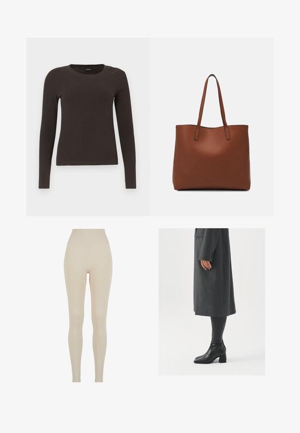 Un haut marron à manches longues en rib avec un col rond. Fabriqué dans un matériau lisse et extensible, il présente une silhouette ajustée et un minimum de détails.; Leggings beiges en tissu extensible avec une taille haute ; texture lisse, silhouette ajustée, sans motifs ni détails matériels visibles.; Manteau gris taillé à coupe droite ; associé à des bottes en cuir noir jusqu'au genou avec un bout carré et un talon épais.; Sac fourre-tout en cuir marron avec une texture lisse, design à ouverture supérieure et deux poignées pour le porter à l'épaule. Présente des coutures minimales et aucun matériel visible.