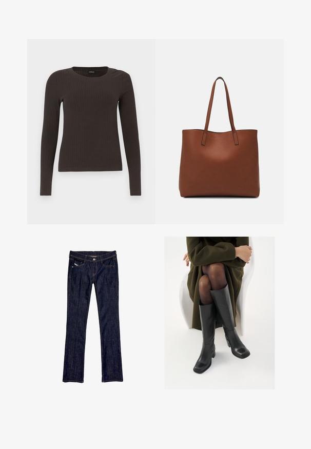 Brown, long-sleeve ribbed top with a crew neckline. Made from a smooth, stretchy material, featuring a fitted silhouette and minimal detailing.; Dark blue denim jeans with a straight leg design, featuring a front button closure, five pockets, and visible stitching along the seams.; Knee-high black leather boots with a squared toe and block heel, shown with a model seated in an olive green coat. Smooth texture, minimal detailing.; Brown leather tote bag with a smooth texture, open top design, and two shoulder straps. Features minimal stitching and no visible hardware.