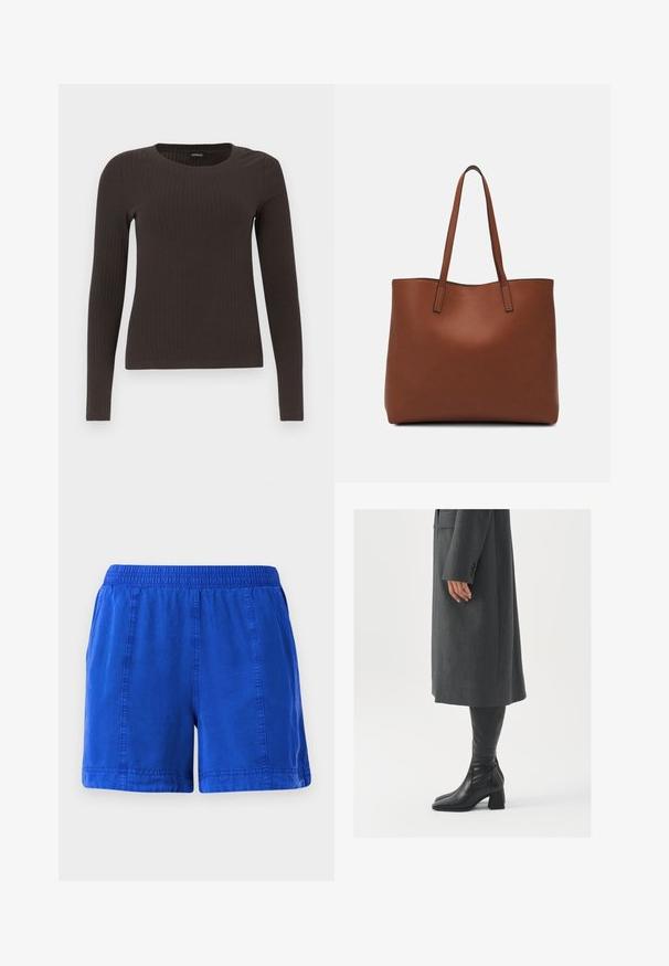 Brun, langermet ribbestrikket topp med rund hals. Laget av et glatt, elastisk materiale, med en tettsittende silhuett og minimalt med detaljer.; Blå bomullsshorts med elastisk midjebånd, sidelommer og sydd sømmer, med en glatt tekstur og uformell design.; Grå, skreddersydd frakk med rett snitt; kombinert med knehøye svarte lærstøvler med firkantet tå og kraftig hæl.; Brun lær tote veske med en jevn tekstur, åpen toppdesign og to skulderstropper. Har minimal søm og ingen synlige spiker.