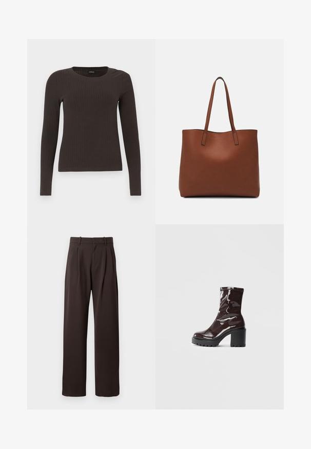 Top castanho de manga longa em malha com decote redondo. Feito de um material suave e elástico, apresentando um silhueta ajustada e detalhes mínimos.; Calças castanhas pregueadas com um design de perna reta. Feitas de um tecido suave, com passantes para cinto e bolsos laterais.; Bota de tornozelo burgundy brilhante com um salto preto robusto, apresentando uma textura suave e um design simples. Sem fechos ou padrões visíveis.; Bolsa tote de couro castanho com uma textura suave, design de abertura superior e duas alças para o ombro. Apresenta costura mínima e sem hardware visível.