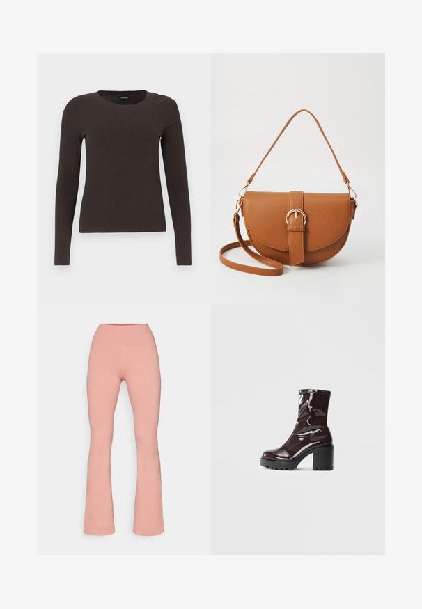 Top castanho de manga longa em malha com decote redondo. Feito de um material suave e elástico, apresentando um silhueta ajustada e detalhes mínimos.; Calças de exercício flare em tecido rosa suave, apresentando uma cintura alta e textura lisa, com costuras mínimas e detalhe de logotipo na lateral.; Bota de tornozelo burgundy brilhante com um salto preto robusto, apresentando uma textura suave e um design simples. Sem fechos ou padrões visíveis.; Bolsa transversal de couro castanho com um formato curvado, ferragens douradas e um detalhe de fivela. Inclui uma alça de ombro destacável.