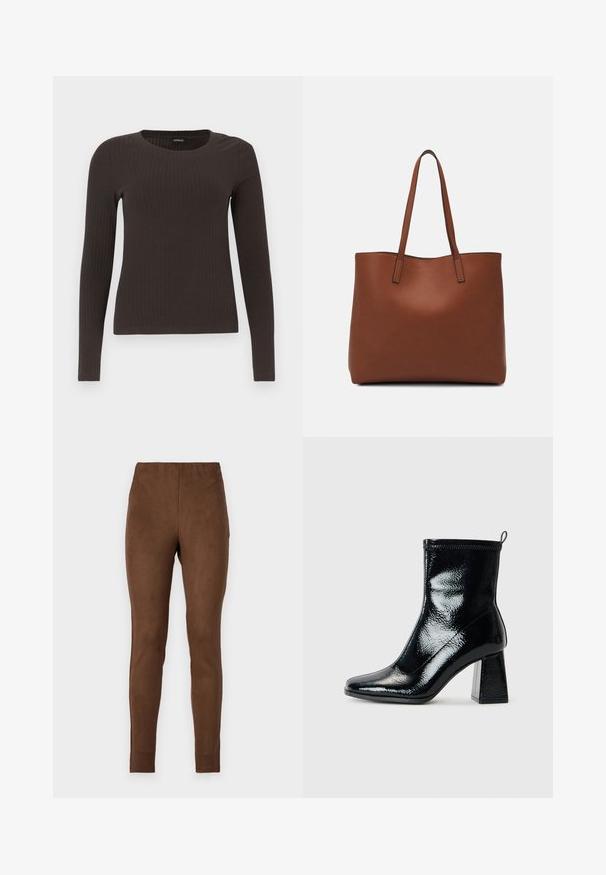 Barna, hosszú ujjú bordázott felső, kerek nyakkivágással. Simább, rugalmas anyagból készült, illeszkedő fazonú és minimális részletezéssel.; Barna, puha, suede-szerű anyagból készült leggings; illeszkedő fazon, sima textúra és elasztikus derékpánt a kényelem érdekében.; Fekete lakk bokacsizma négyszögletű orral és vaskos geometrikus sarkakkal. Simára csiszolt, fényes felülettel rendelkezik, valamint hátsó húzófüllel a könnyű felhúzás érdekében.; Barna bőr vászontáska sima textúrával, nyitott tetejű dizájnnal és két vállpánttal. Minimális varrással és látható hardver nélkül készült.