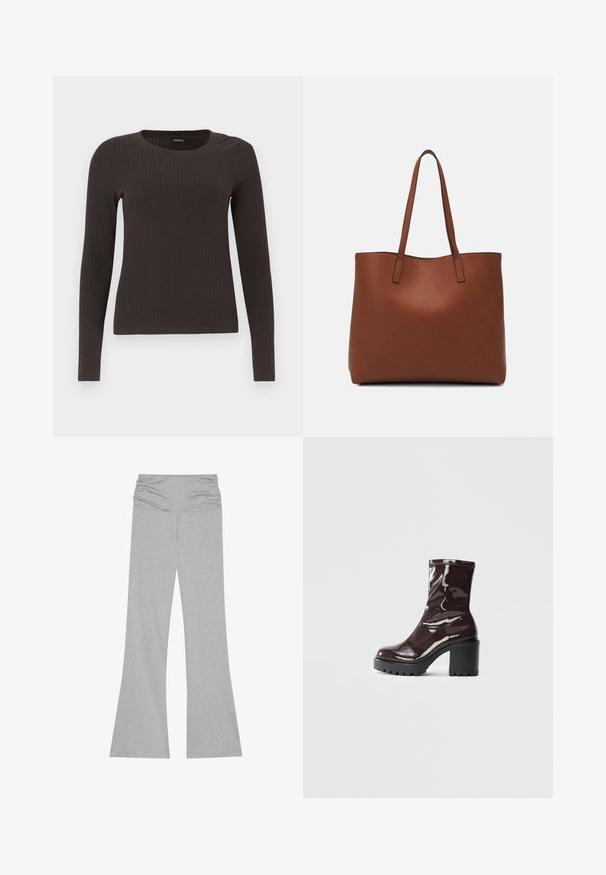 Brown, long-sleeve ribbed top with a crew neckline. Made from a smooth, stretchy material, featuring a fitted silhouette and minimal detailing.; Flared gray pants made of soft, stretchy fabric. Features a gathered waistband for comfort. Smooth texture with a relaxed fit throughout.; Glossy burgundy ankle boot with a chunky black heel, featuring a smooth texture and simple design. No visible fastenings or patterns.; Brown leather tote bag with a smooth texture, open top design, and two shoulder straps. Features minimal stitching and no visible hardware.