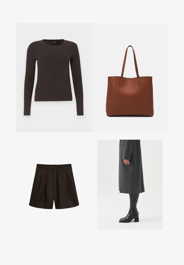 Brun langærmet ribbet top med rund halsudskæring. Fremstillet af et glat, strækbart materiale, med en tætsiddende silhuet og minimalistiske detaljer.; Massimo Dutti PLEATED BERMUDA - Shorts - dark brown; Grå, skræddersyet frakke med lige snit; parret med knæhøje sorte læderstøvler med firkantet tå og kraftig hæl.; Brun læder tote taske med en glat overflade, åben topdesign og to skulderremme. Har minimal syning og ingen synlig hardware.
