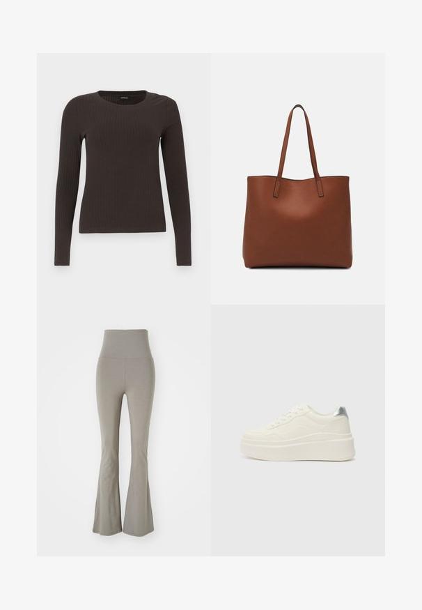 Brown, long-sleeve ribbed top with a crew neckline. Made from a smooth, stretchy material, featuring a fitted silhouette and minimal detailing.; High-waisted, flared leggings in a light grey fabric. Features smooth texture and a stretchy, form-fitting design. No visible hardware.; Even&Odd Wide Fit Trainers - white/silver-coloured; Brown leather tote bag with a smooth texture, open top design, and two shoulder straps. Features minimal stitching and no visible hardware.